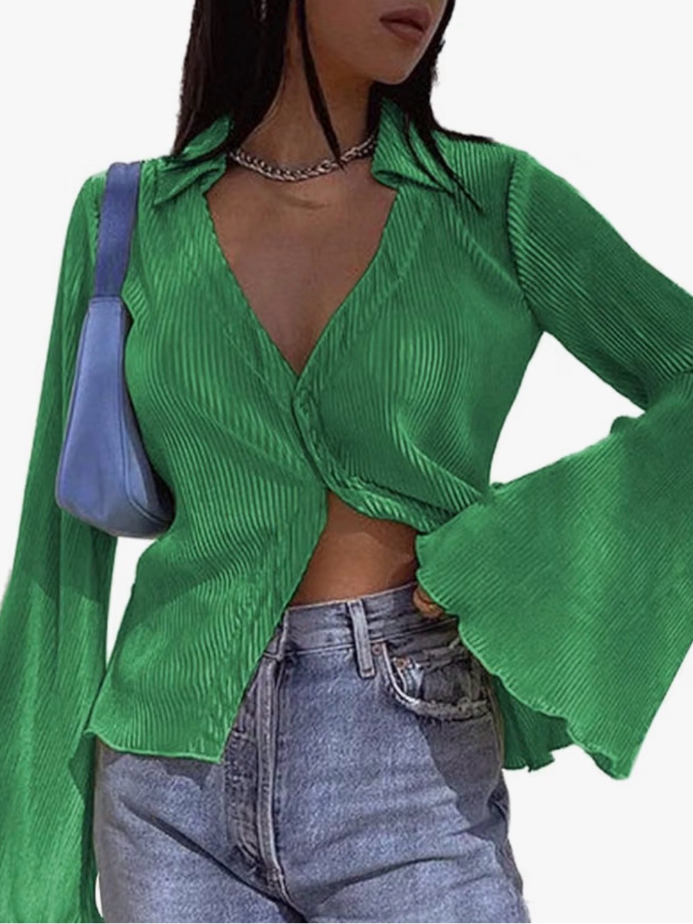 Green or Pink Pleated V-Neck Twist Front Top
